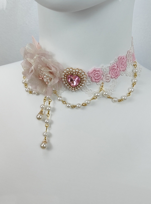 Asymmetric Gorgeous Mesh Yarn Rose Gemstone Heart Shape Diamond Pearl Chain Classic Lolita Lace Necklace