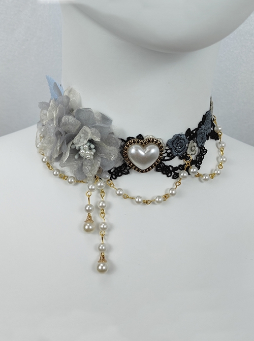 Asymmetric Gorgeous Mesh Yarn Rose Gemstone Heart Shape Diamond Pearl Chain Classic Lolita Lace Necklace