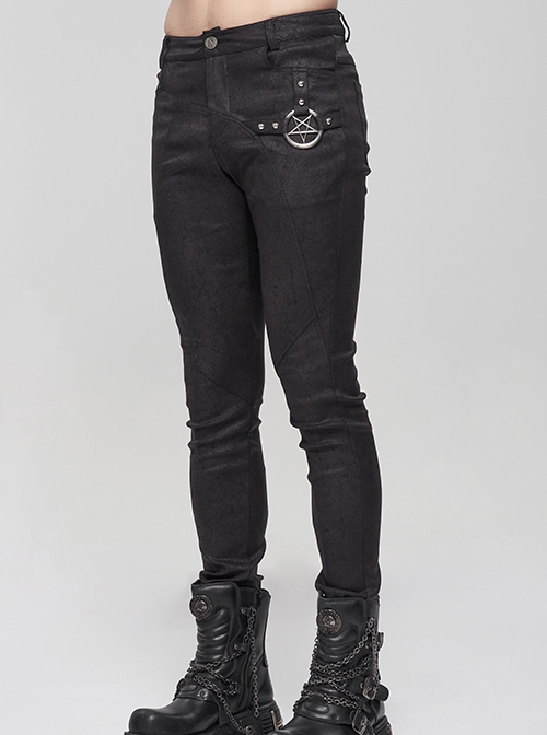 Punk Style Simple Cracked Rubber Side Metal Five Pointed Star Decoration Black Daily Slim Pants