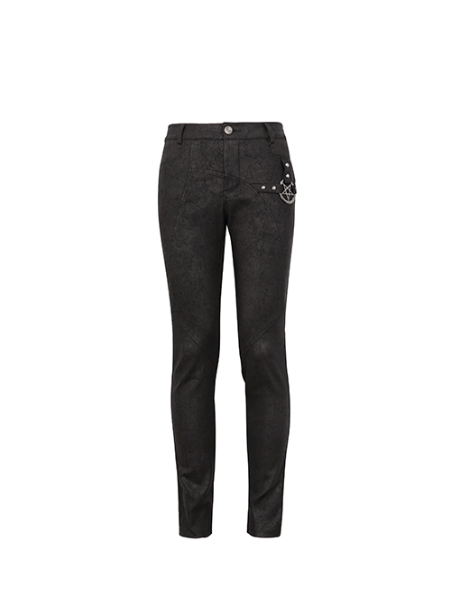 Punk Style Simple Cracked Rubber Side Metal Five Pointed Star Decoration Black Daily Slim Pants