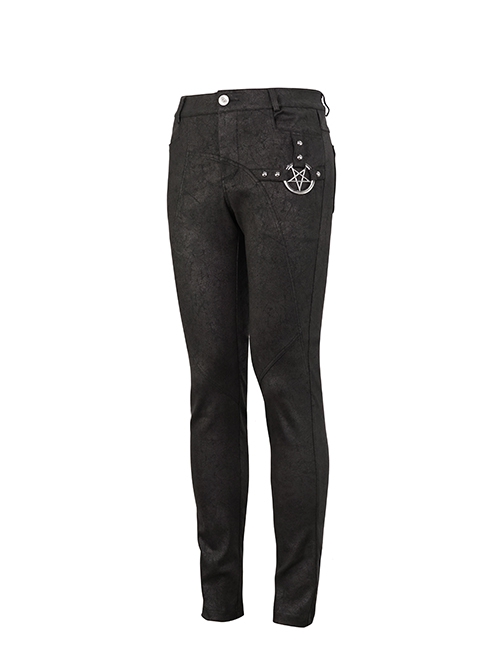 Punk Style Simple Cracked Rubber Side Metal Five Pointed Star Decoration Black Daily Slim Pants