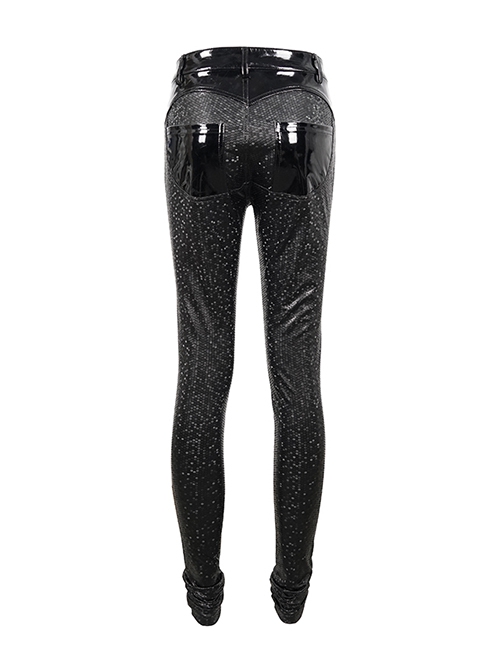 Gothic Style Irregular Star Flash Hexagonal Elastic Bright Leather Fabric Black Daily Reflective Leather Leggings