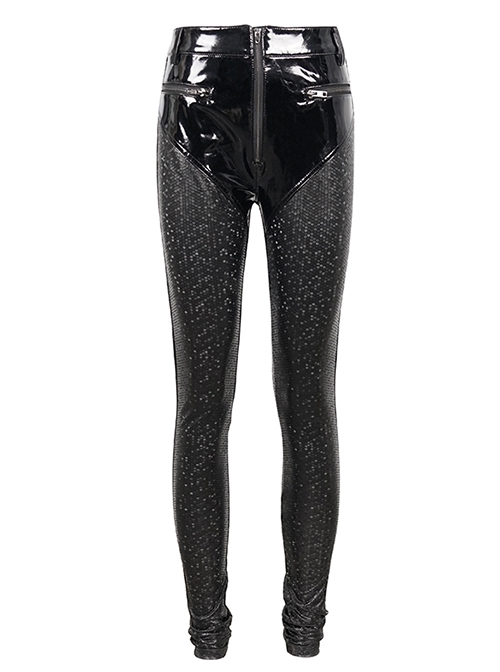 Gothic Style Irregular Star Flash Hexagonal Elastic Bright Leather Fabric Black Daily Reflective Leather Leggings