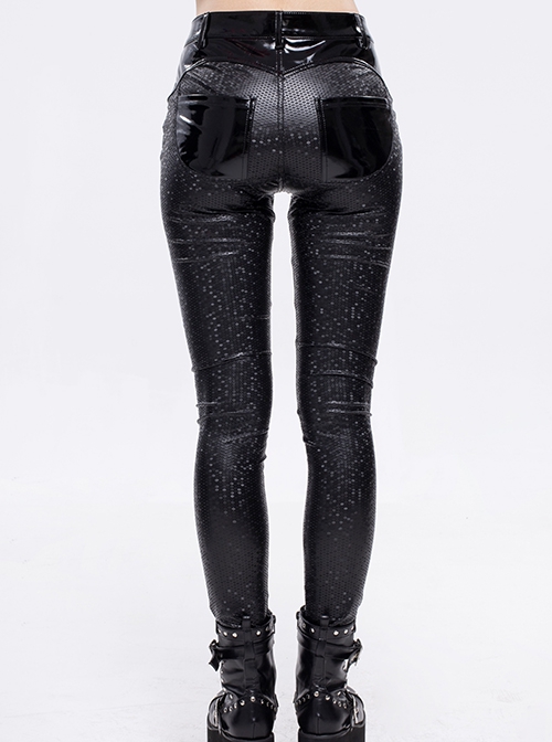 Gothic Style Irregular Star Flash Hexagonal Elastic Bright Leather Fabric Black Daily Reflective Leather Leggings