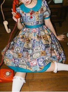 Antique Tags Series American Retro Label Pattern Doll Collar Ribbon Bowknot Sweet Lolita Puff Sleeves Dress