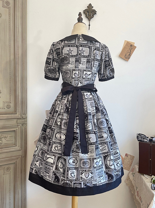 Antique Tags Series American Retro Label Pattern Doll Collar Ribbon Bowknot Sweet Lolita Puff Sleeves Dress