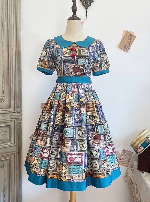 Antique Tags Series American Retro Label Pattern Doll Collar Ribbon Bowknot Sweet Lolita Puff Sleeves Dress