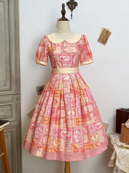 Antique Tags Series American Retro Label Pattern Doll Collar Ribbon Bowknot Sweet Lolita Puff Sleeves Dress