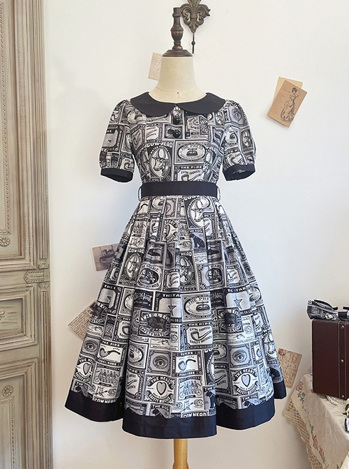 Antique Tags Series American Retro Label Pattern Doll Collar Ribbon Bowknot Sweet Lolita Puff Sleeves Dress