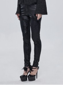 Gothic Sexy Lace Fabric Center Front Metal Rose Button Black Leather Pants