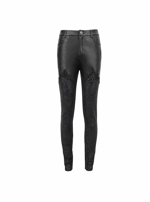 Gothic Sexy Lace Fabric Center Front Metal Rose Button Black Leather Pants