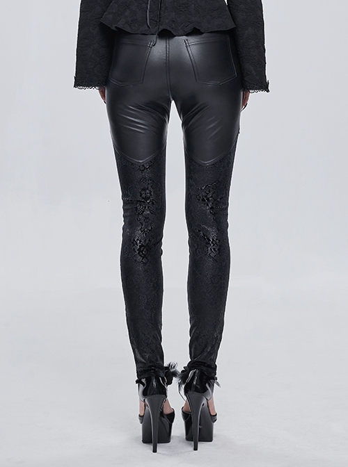 Gothic Sexy Lace Fabric Center Front Metal Rose Button Black Leather Pants