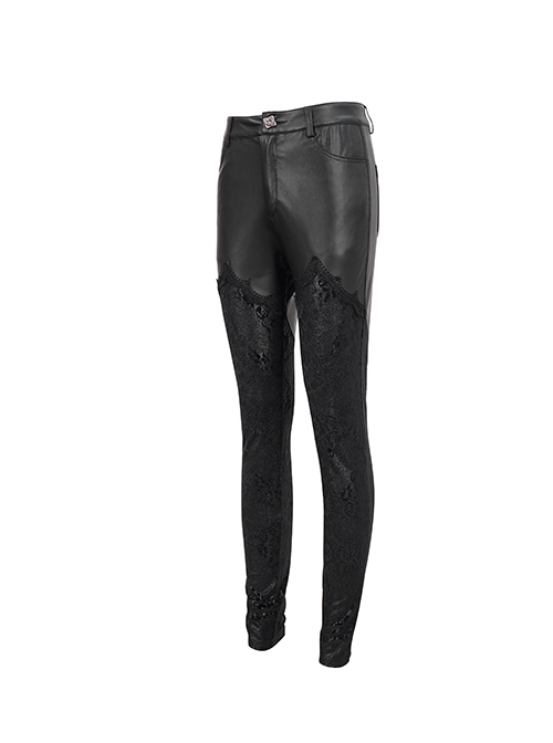 Gothic Sexy Lace Fabric Center Front Metal Rose Button Black Leather Pants