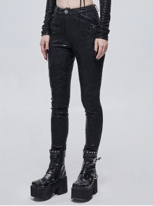 Punk Style Personality Cracked Rubber Side Metal Buckle Black Stretch Tight Leather Leggings