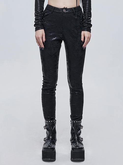 Punk Style Personality Cracked Rubber Side Metal Buckle Black Stretch Tight Leather Leggings