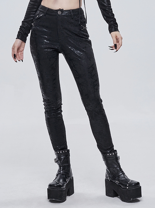 Punk Style Personality Cracked Rubber Side Metal Buckle Black Stretch Tight Leather Leggings