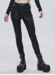 Punk Style Personality Cracked Rubber Side Metal Buckle Black Stretch Tight Leather Leggings