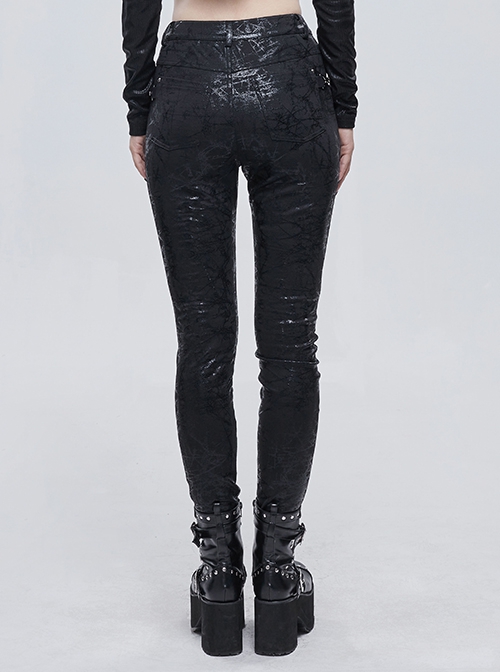 Punk Style Personality Cracked Rubber Side Metal Buckle Black Stretch Tight Leather Leggings