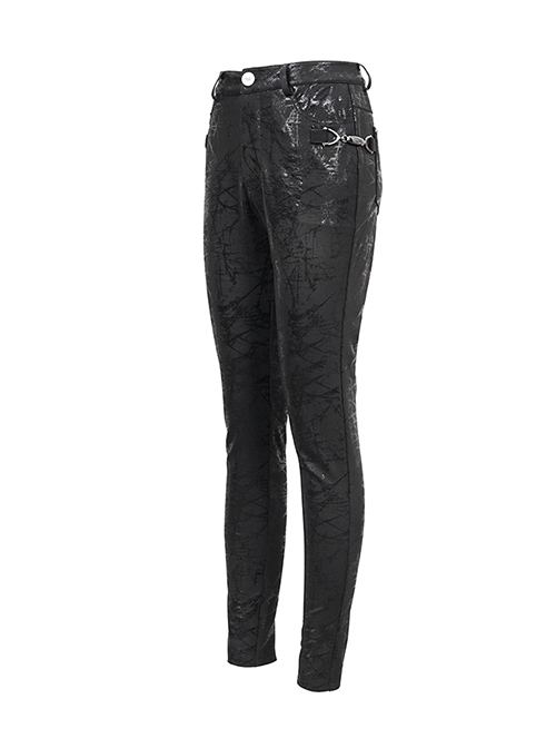 Punk Style Personality Cracked Rubber Side Metal Buckle Black Stretch Tight Leather Leggings