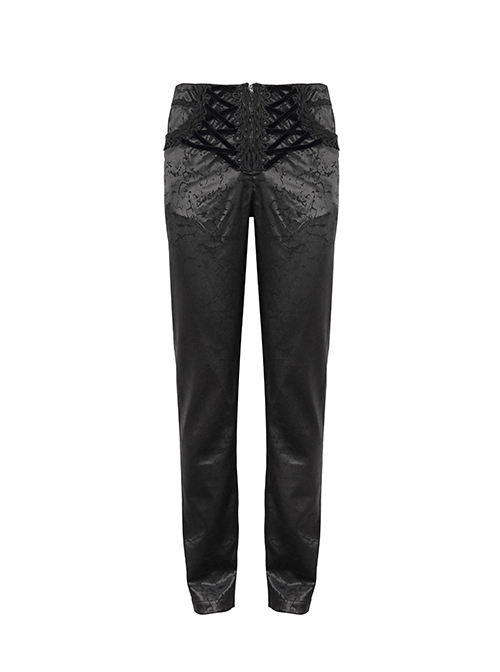 Gothic Style Glossy Pattern Fabric With False Waist Tie Design Black Men's Slim Pants