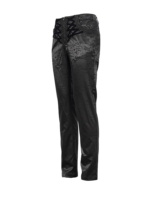 Gothic Style Glossy Pattern Fabric With False Waist Tie Design Black Men's Slim Pants