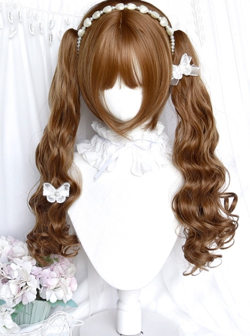 Dolls Convention Series Retro Golden Brown Dual Horsetail Long Curly Hair Cute Flat Bangs Sweet Lolita Wig