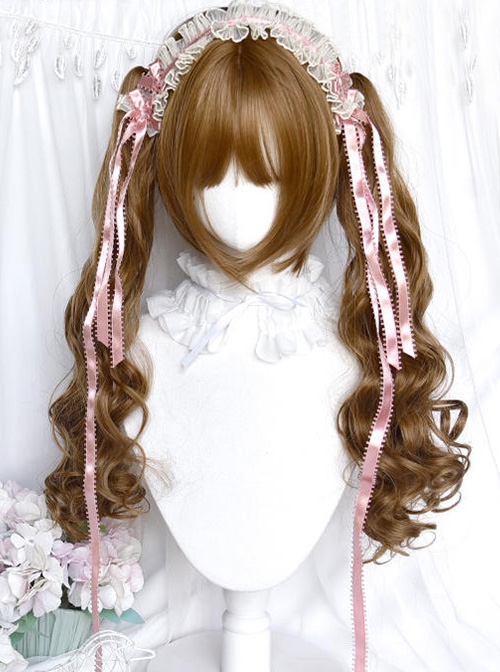 Dolls Convention Series Retro Golden Brown Dual Horsetail Long Curly Hair Cute Flat Bangs Sweet Lolita Wig