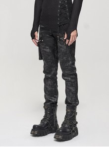 Punk Style Washed And Distressed Print Pattern Detachable Side Pockets Black Slim Fit Pants