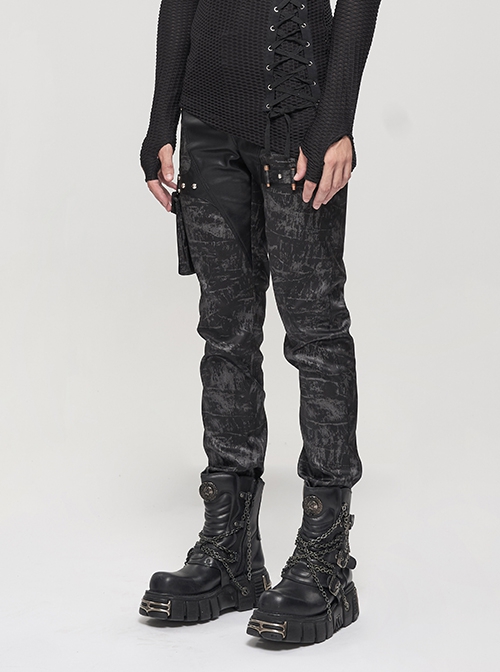 Punk Style Washed And Distressed Print Pattern Detachable Side Pockets Black Slim Fit Pants