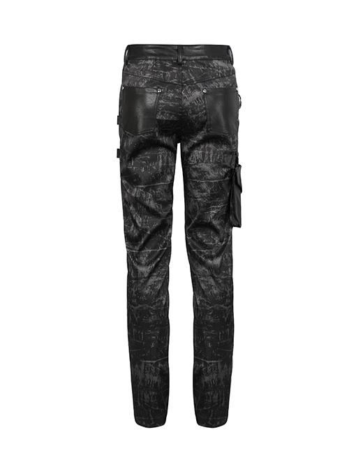 Punk Style Washed And Distressed Print Pattern Detachable Side Pockets Black Slim Fit Pants