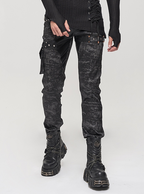 Punk Style Washed And Distressed Print Pattern Detachable Side Pockets Black Slim Fit Pants