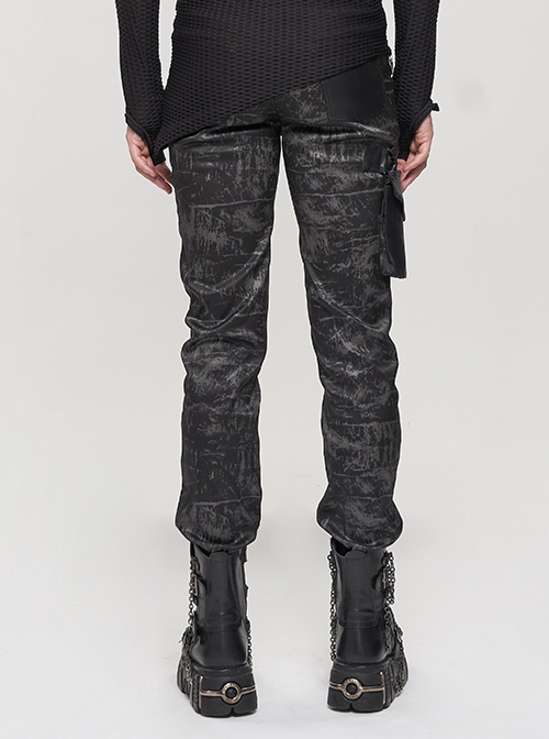 Punk Style Washed And Distressed Print Pattern Detachable Side Pockets Black Slim Fit Pants