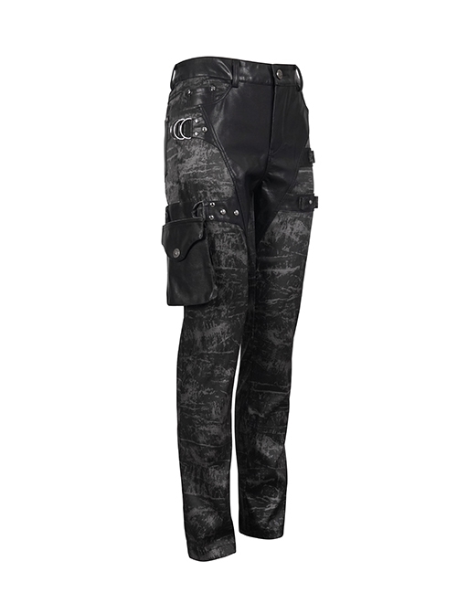 Punk Style Washed And Distressed Print Pattern Detachable Side Pockets Black Slim Fit Pants