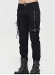 Punk Style Solid Color Knitted Side Asymmetric Eyelet Tie With Leg Loops Men's Black Pants