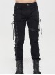 Punk Style Solid Color Knitted Side Asymmetric Eyelet Tie With Leg Loops Men's Black Pants