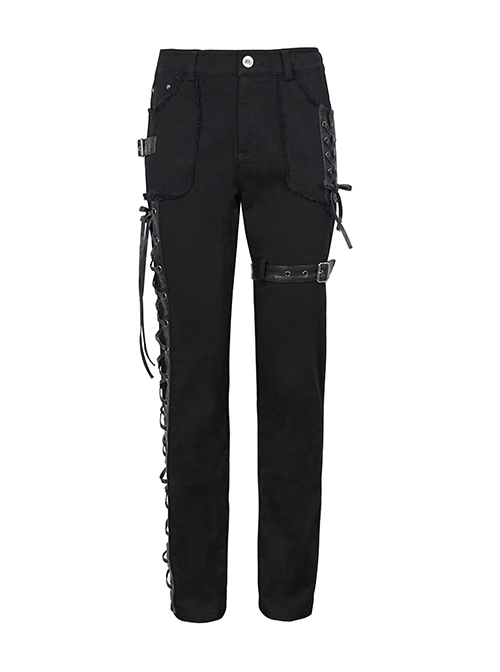 Punk Style Solid Color Knitted Side Asymmetric Eyelet Tie With Leg Loops Men's Black Pants