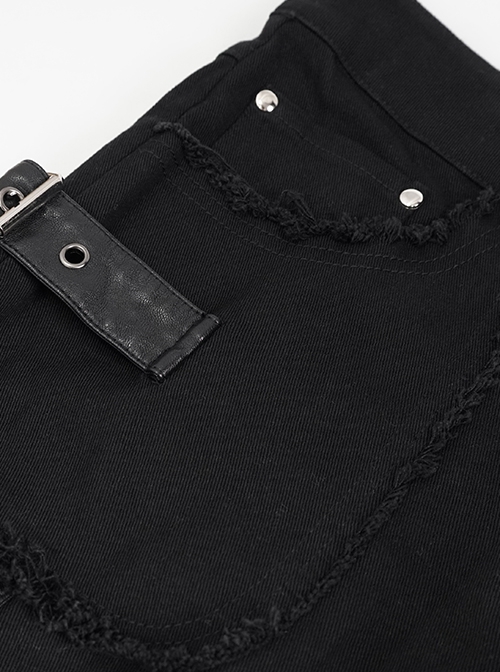 Punk Style Solid Color Knitted Side Asymmetric Eyelet Tie With Leg Loops Men's Black Pants