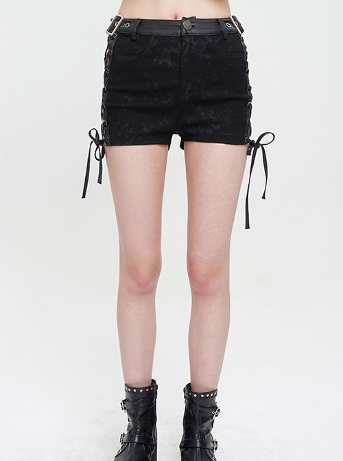 Punk Style Twill Print Waist Fart Weave Side Hollow Tie Black Shorts