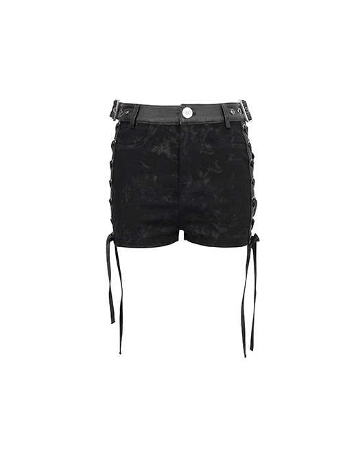 Punk Style Twill Print Waist Fart Weave Side Hollow Tie Black Shorts