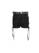 Punk Style Twill Print Waist Fart Weave Side Hollow Tie Black Shorts