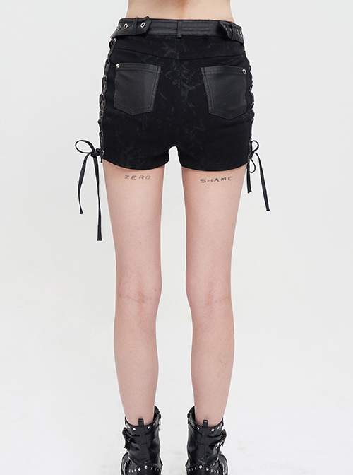 Punk Style Twill Print Waist Fart Weave Side Hollow Tie Black Shorts