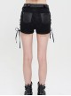 Punk Style Twill Print Waist Fart Weave Side Hollow Tie Black Shorts