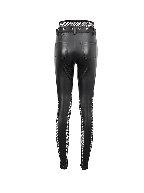 Punk Style Personality Fake Two Piece Knitted Faux Leather Splicing Mesh Fabric Waist Adjustable Decoration Black Faux Leather Trousers