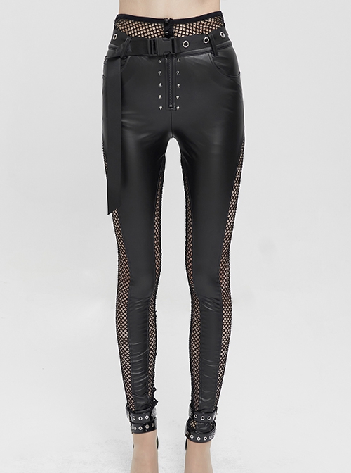 Punk Style Personality Fake Two Piece Knitted Faux Leather Splicing Mesh Fabric Waist Adjustable Decoration Black Faux Leather Trousers