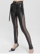 Punk Style Personality Fake Two Piece Knitted Faux Leather Splicing Mesh Fabric Waist Adjustable Decoration Black Faux Leather Trousers