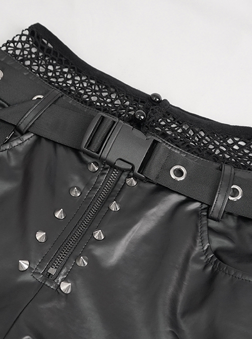 Punk Style Personality Fake Two Piece Knitted Faux Leather Splicing Mesh Fabric Waist Adjustable Decoration Black Faux Leather Trousers