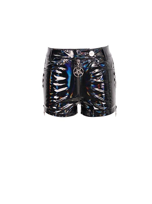 Punk Style Sexy Shiny Leather Fabric With Metal Chain Five Pointed Star Pendant Decoration Black Stretch Shorts