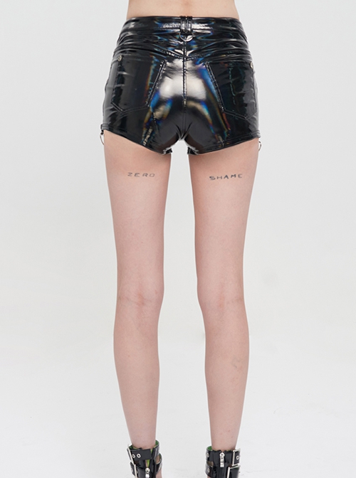 Punk Style Sexy Shiny Leather Fabric With Metal Chain Five Pointed Star Pendant Decoration Black Stretch Shorts