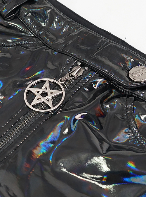 Punk Style Sexy Shiny Leather Fabric With Metal Chain Five Pointed Star Pendant Decoration Black Stretch Shorts