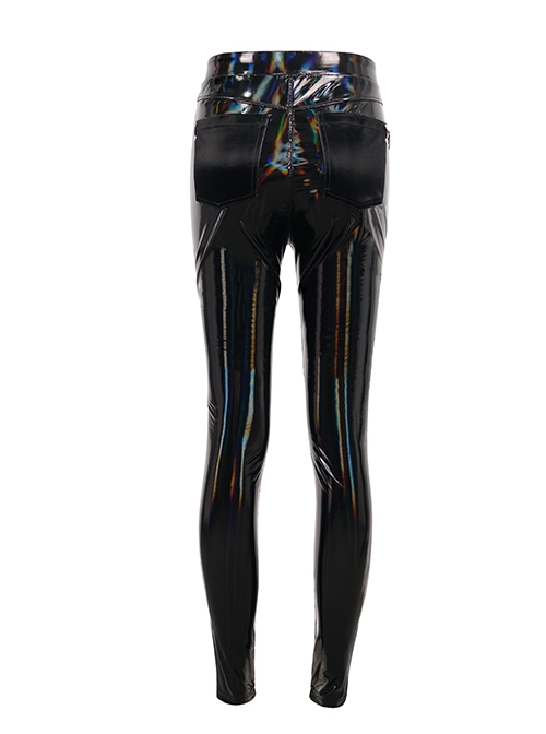 Punk Style Elastic Shiny Front Center Metal Zipper With Five Pointed Star Pendant Black Leather Trousers